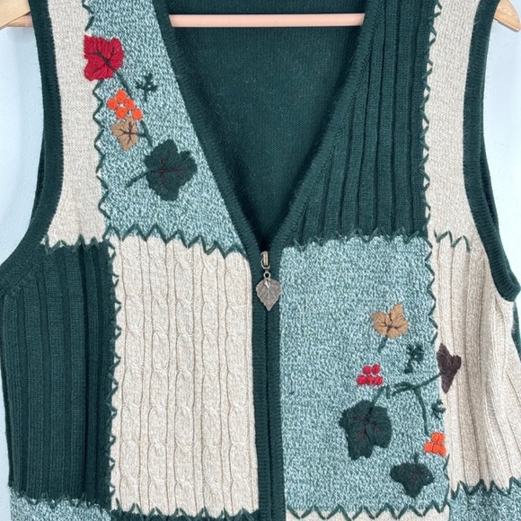 VTG Allison Daley Patchwork Knit Vest L Green Leaf Embroidery Fall St Pattys Day - Picture 2 of 8